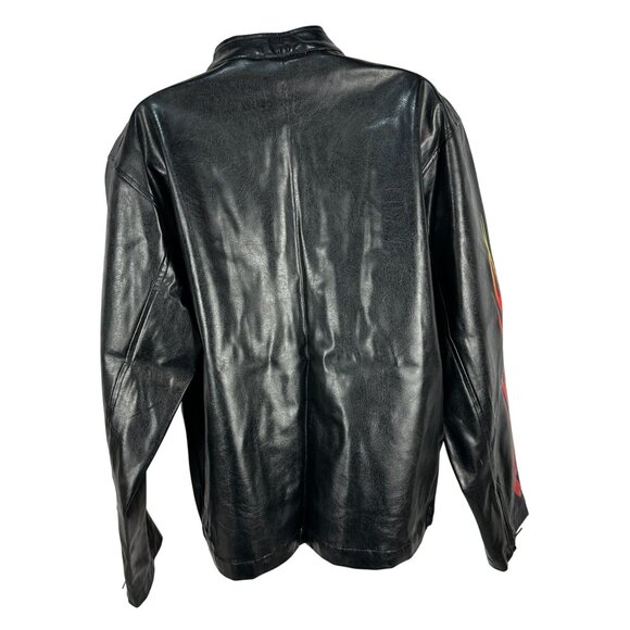 BC Ethic Womens Size Medium Black Faux Leather Jacket With Red Flame Sleeves - Picture 7 of 7